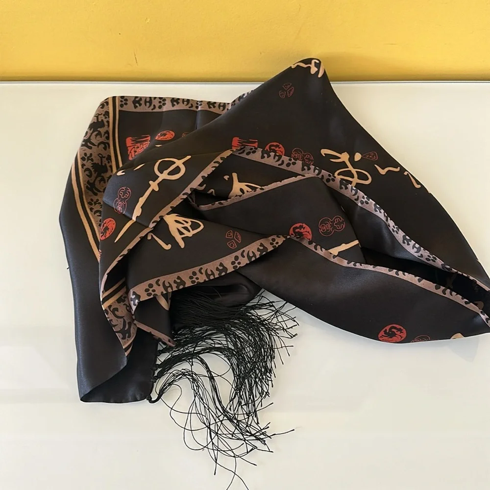 Black 100% Silk Scarf with Fringe Gold Asian Motif Print